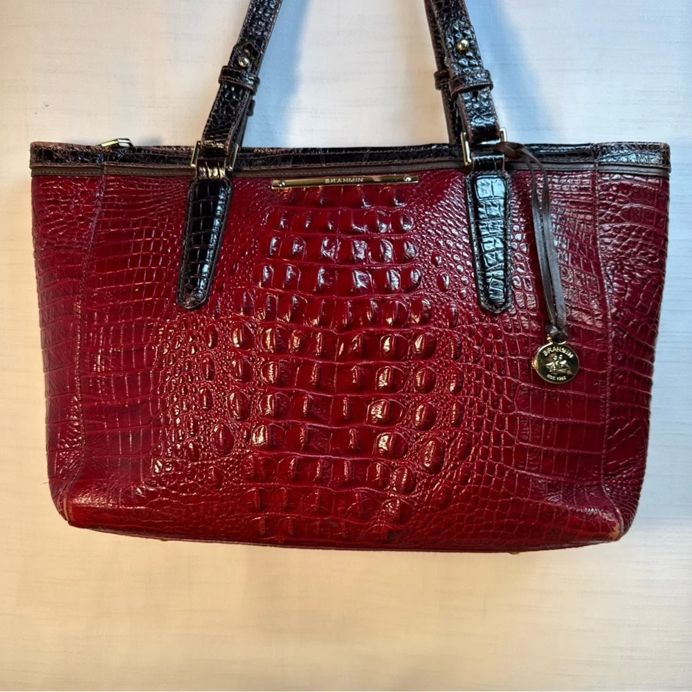 BRAHMIN Medium Asher Melbourne Croc Embossed Leather Red Lava Brown‎ Tote Bag